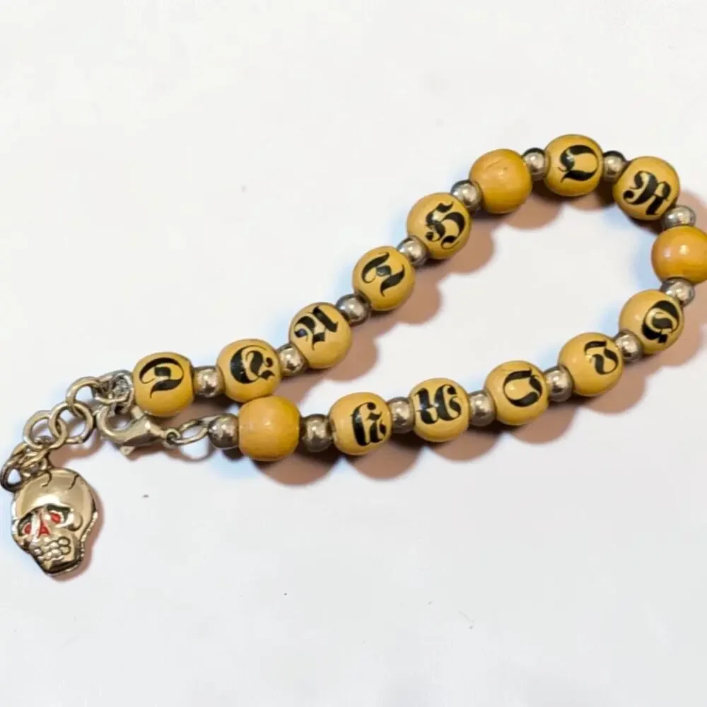 Vintage Ed Hardy Death Or Glory Skull Charm Wood Bead Bracelet Y2K Biker Punk